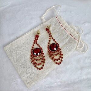 Red Rhinestone Gold Tone Chandelier Dangle Earrings Formal Prom